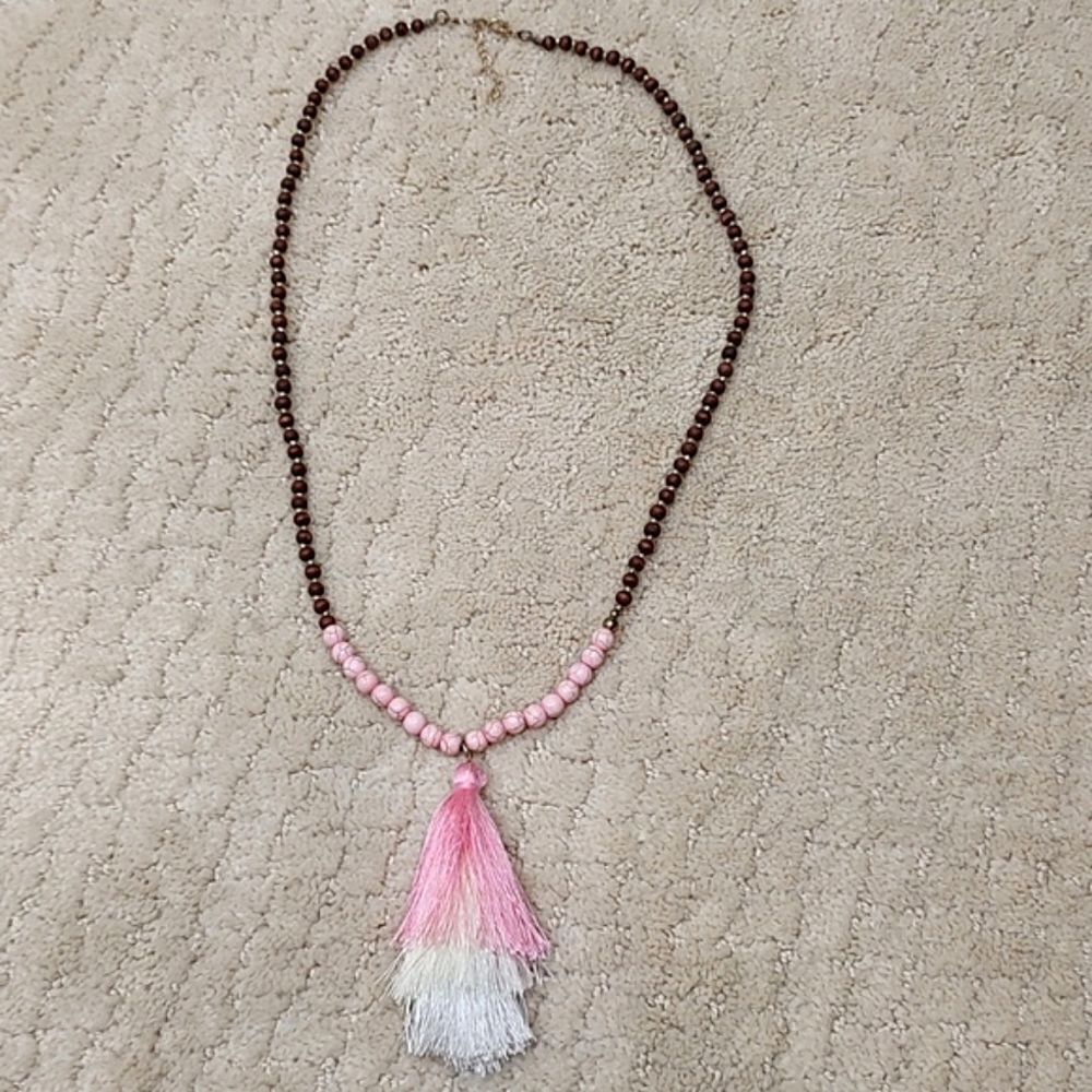 Natural Bead Tassel Pendant Necklace Boho Coastal Casual